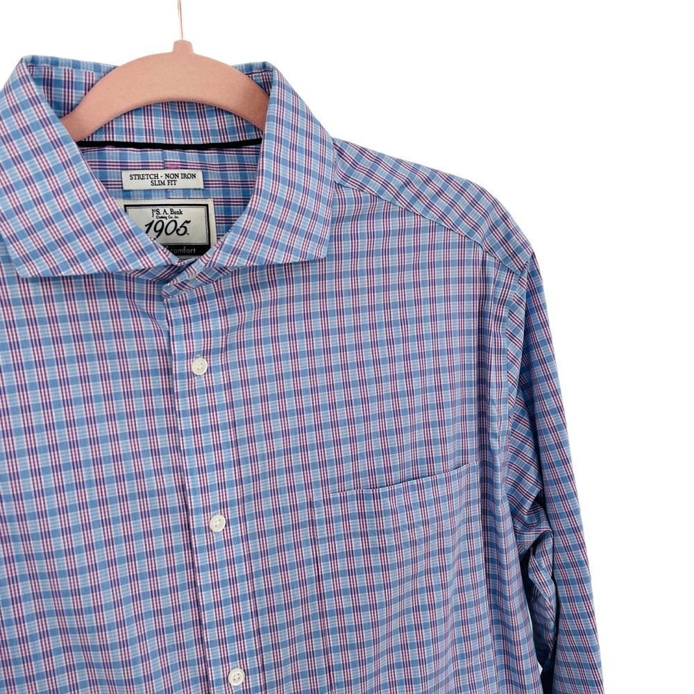 Jos. A. Bank blue plaid non-iron stretch slim fit dress shirt size 16.5 - Picture 2 of 5